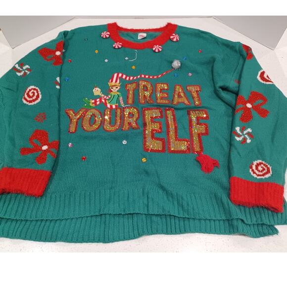Holiday Time Sweater Treat Your Elf Green/Red Size 2XL - Picture 2 of 5